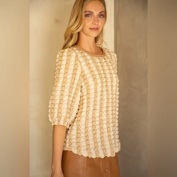 VOY puff textured blouse in beige tan cream short sleeve Large fun unique new - Picture 5 of 14